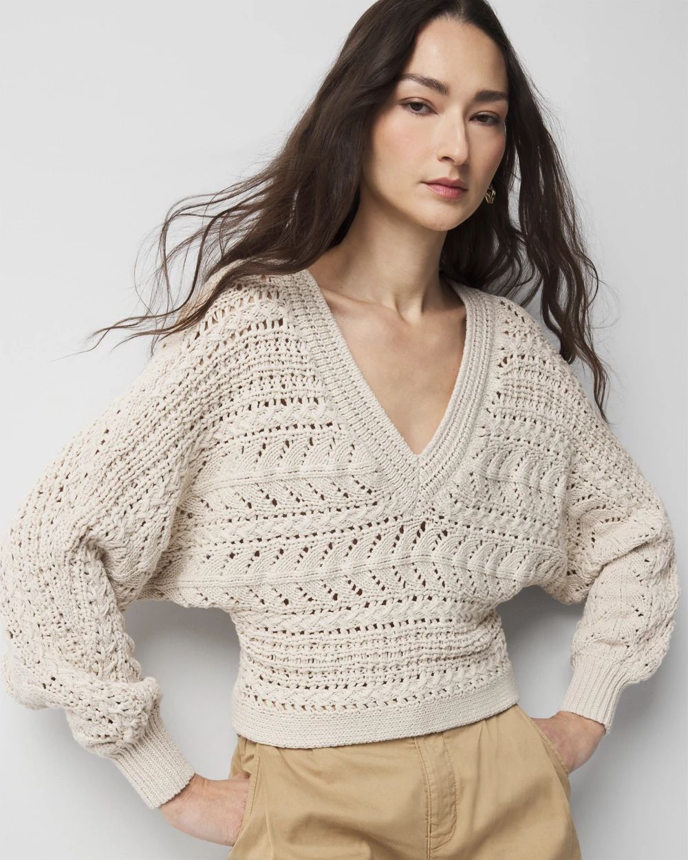 White Hollow Out Knit Round Neck Dolman Sweater main image 1